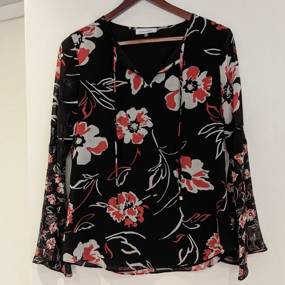 Calvin Klein Long Sleeve Floral Bell Sleeves Blouse Size XS - Picture 3 of 14